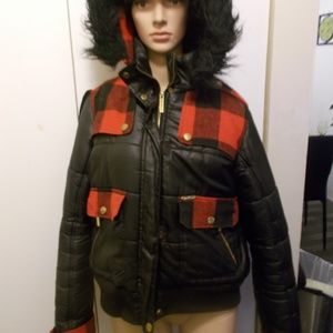 black & red plaid jacket bomber puffer coat large
